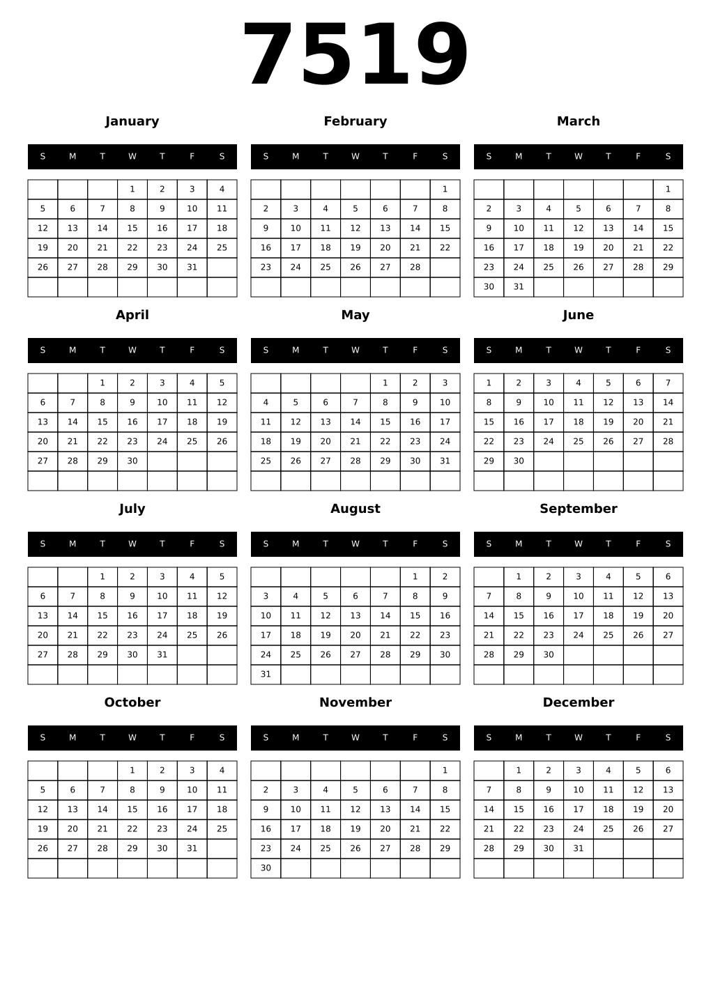 Printable 7519 Calendars