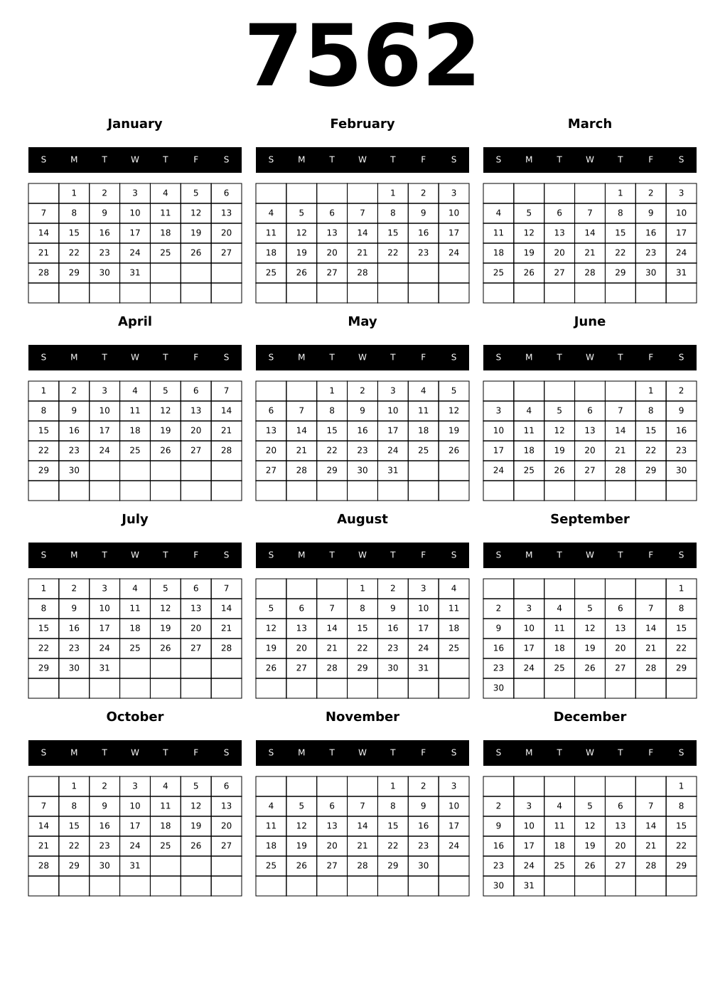 Printable 7562 Calendars