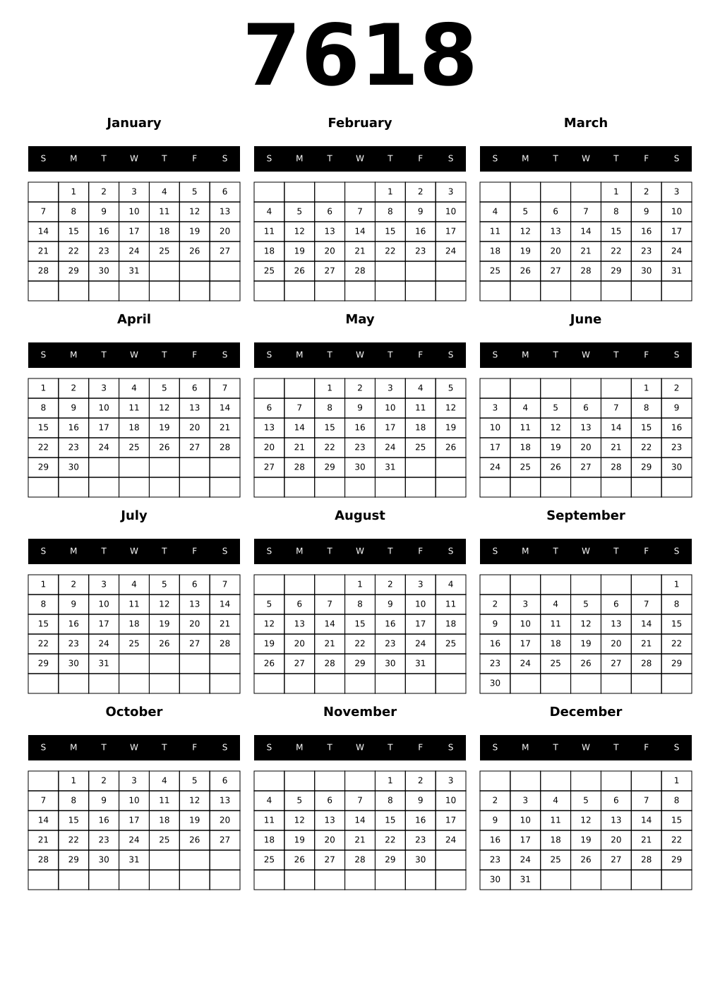 Printable 7618 Calendars