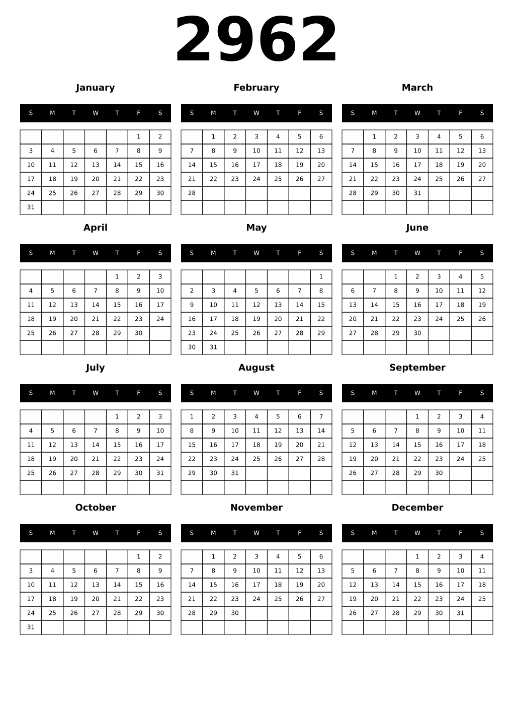 Printable 2962 Calendars