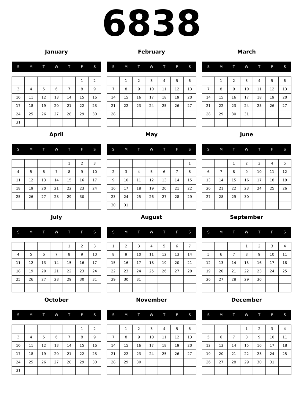 Printable 6838 Calendars