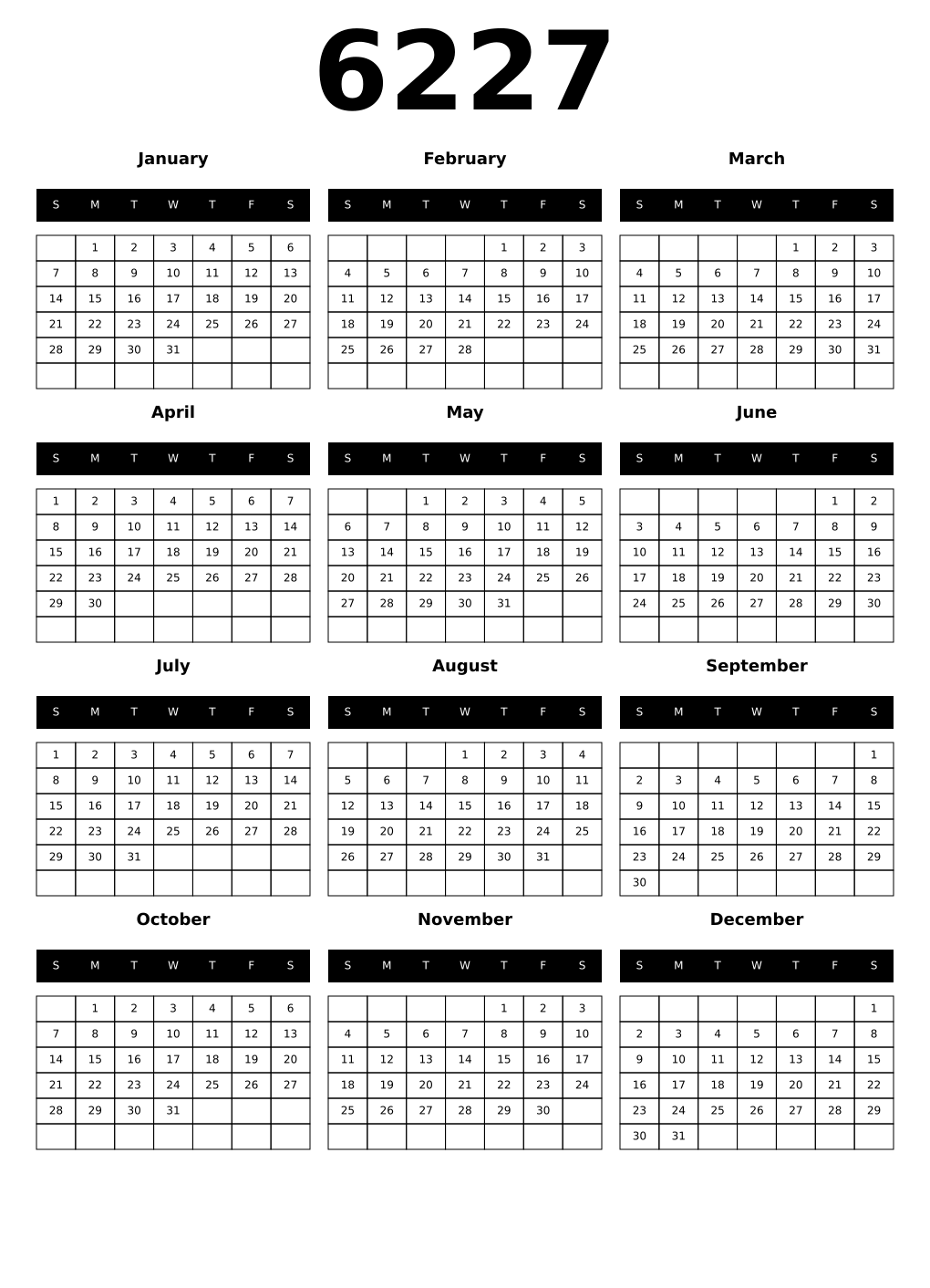 Printable 6227 Calendars