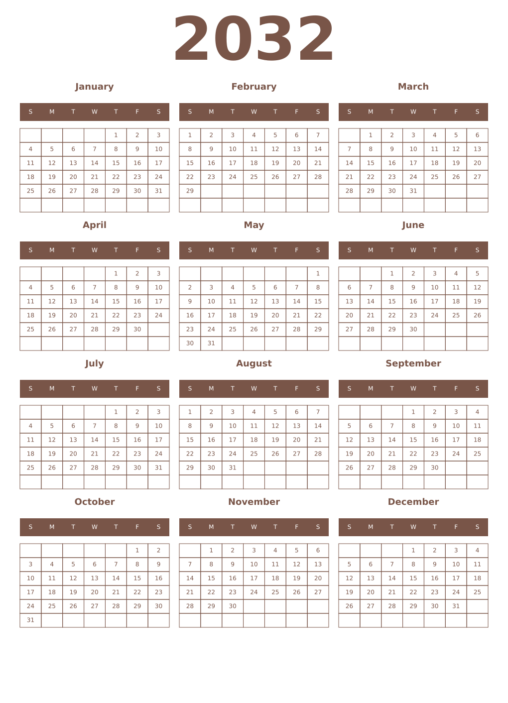Printable 2032 Calendars