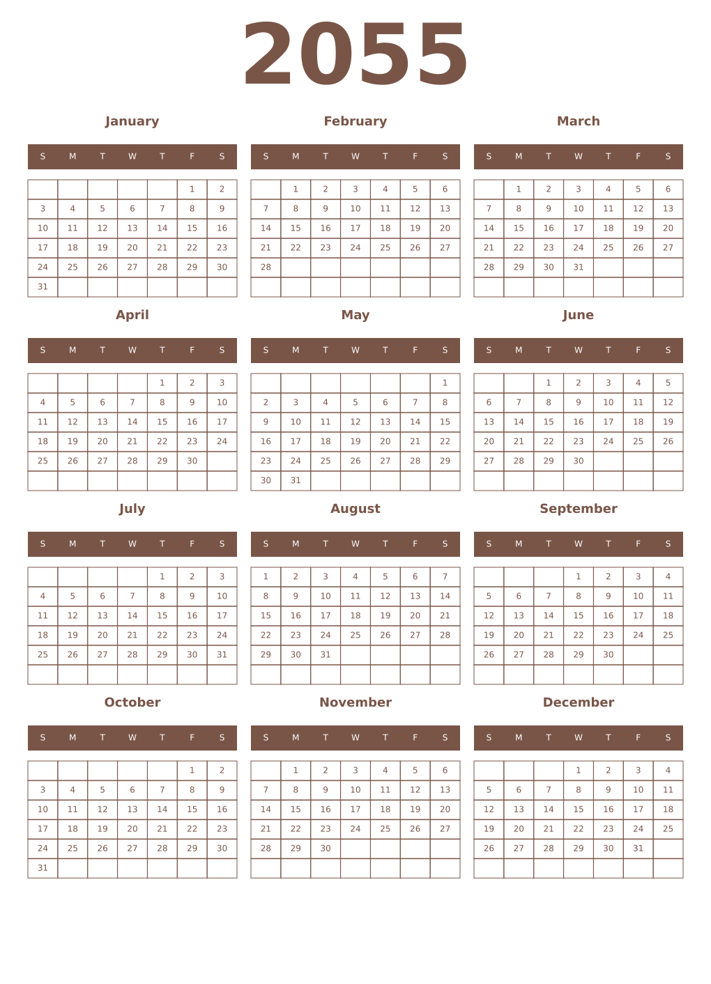 Printable 2055 Calendars