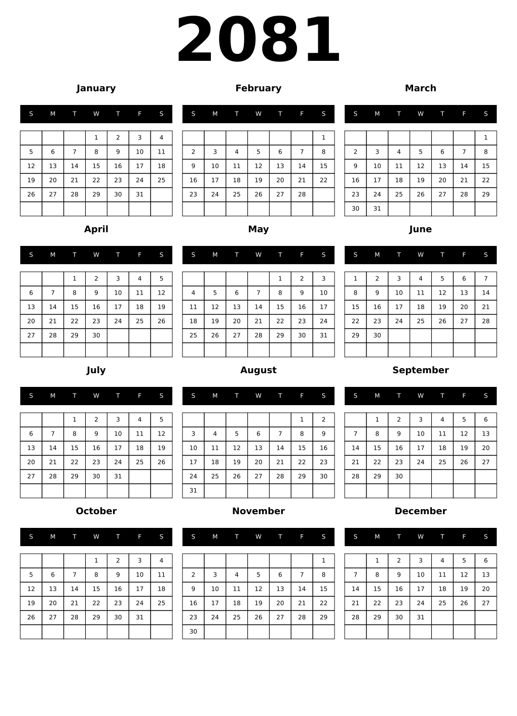 Printable 2081 Calendars