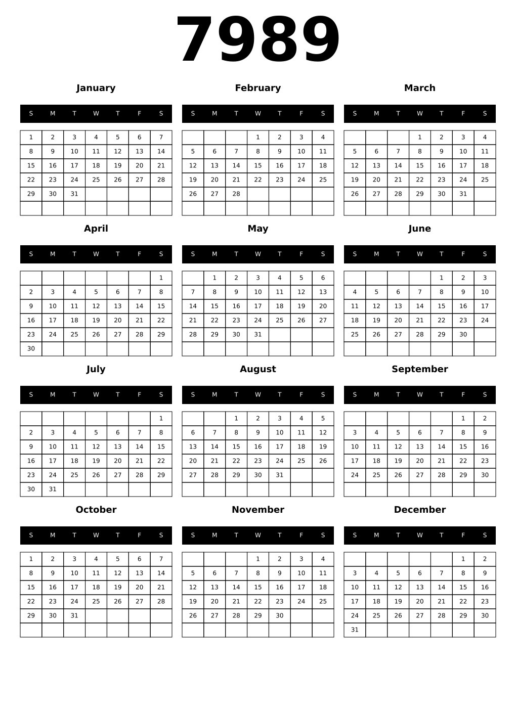Printable 7989 Calendars