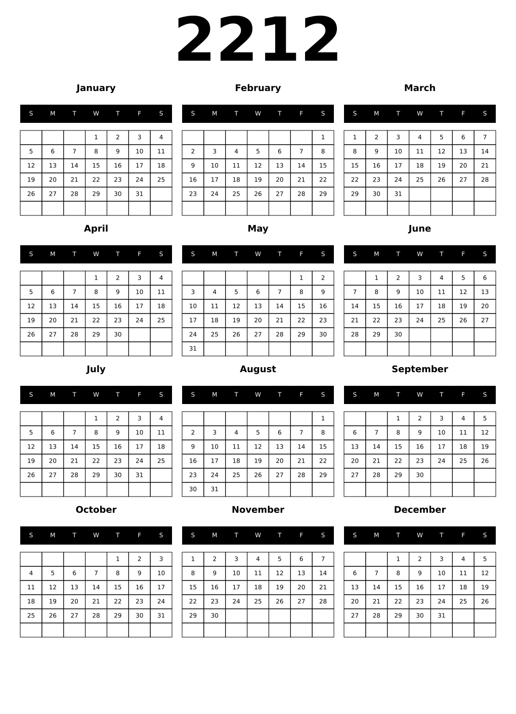 Printable 2212 Calendars
