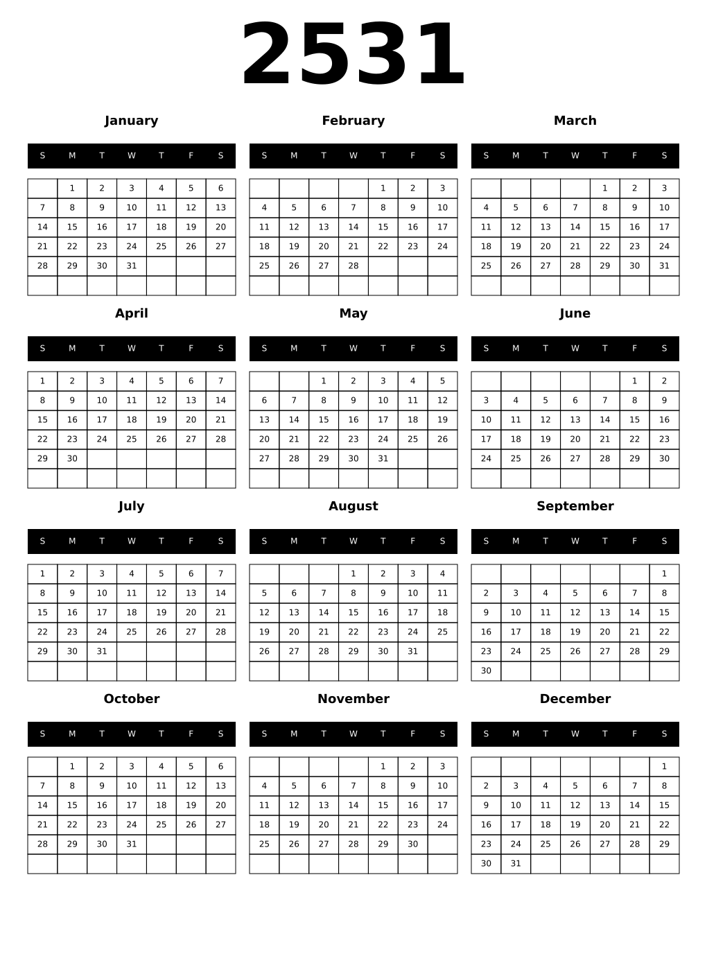 Printable December 2531 Calendars