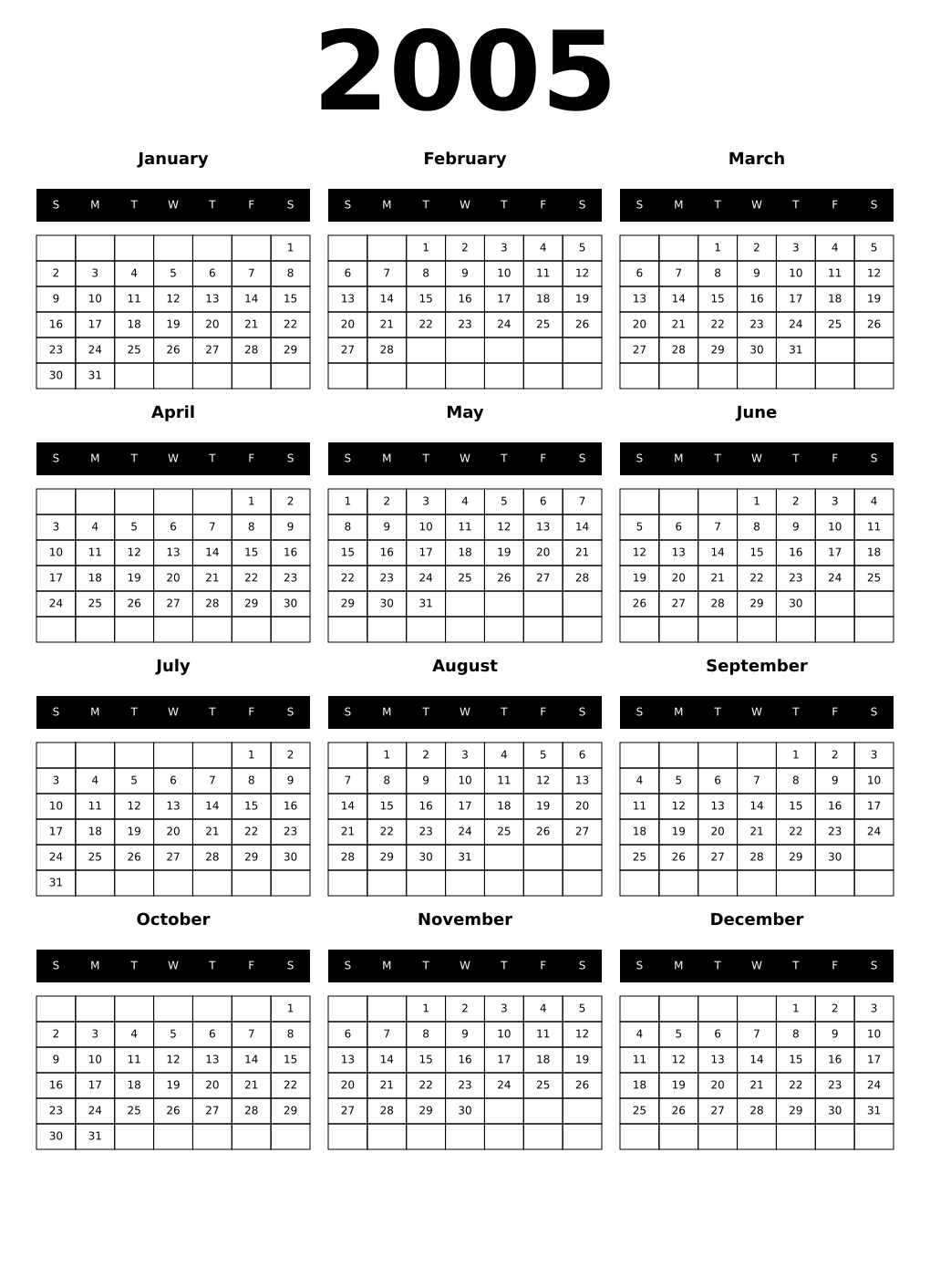 Printable February 2005 Calendars