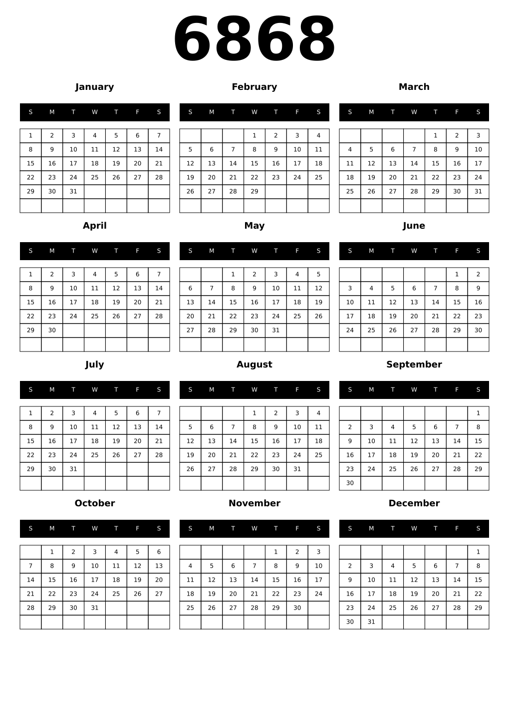 Printable 6868 Calendars