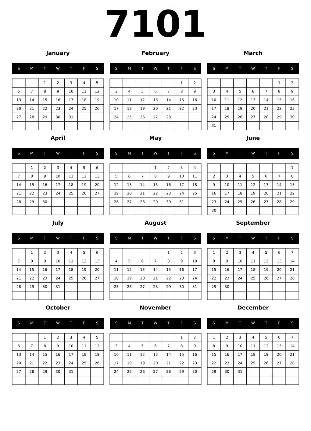 Printable 7101 Calendars