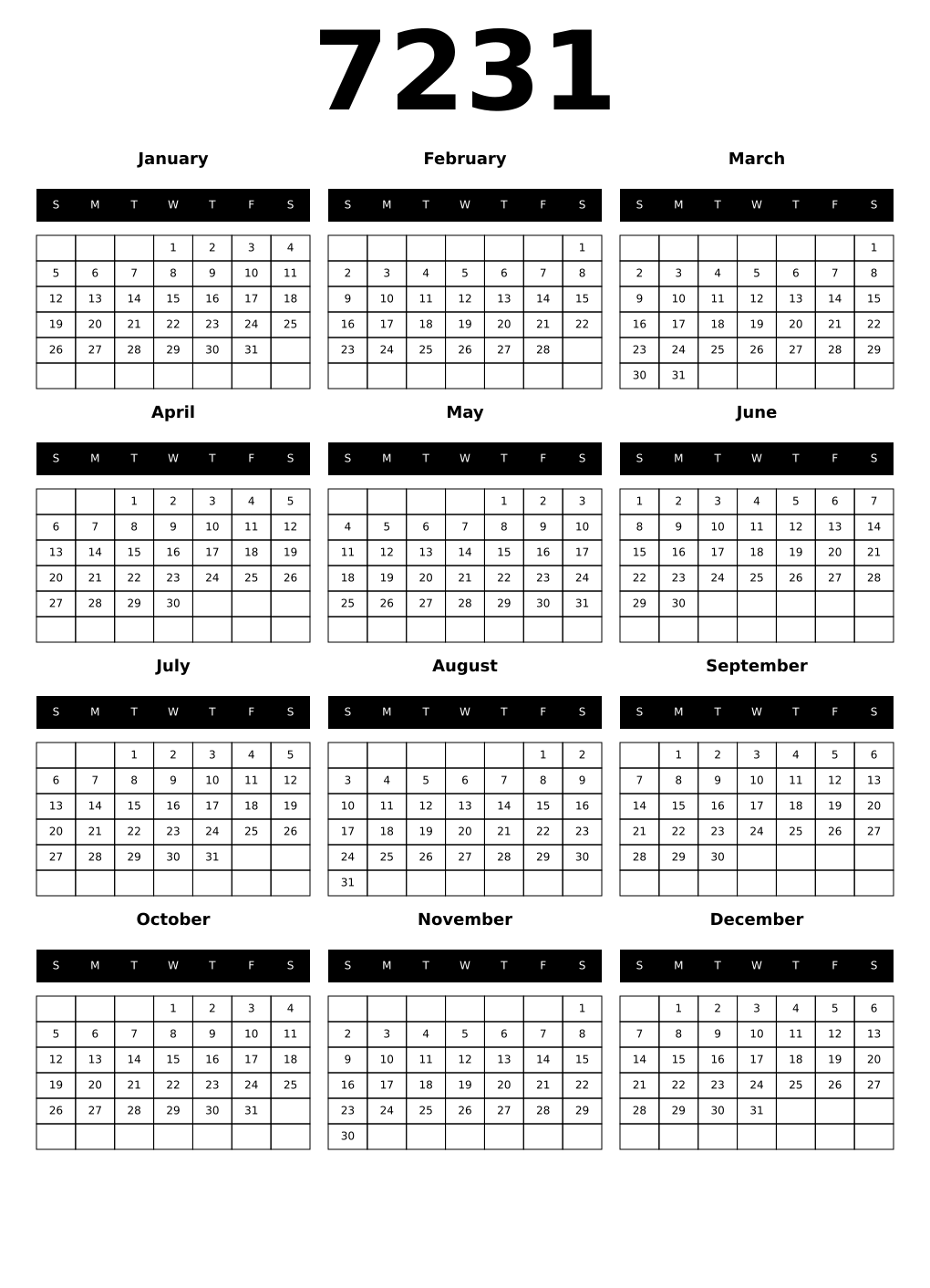 Printable 7231 Calendars