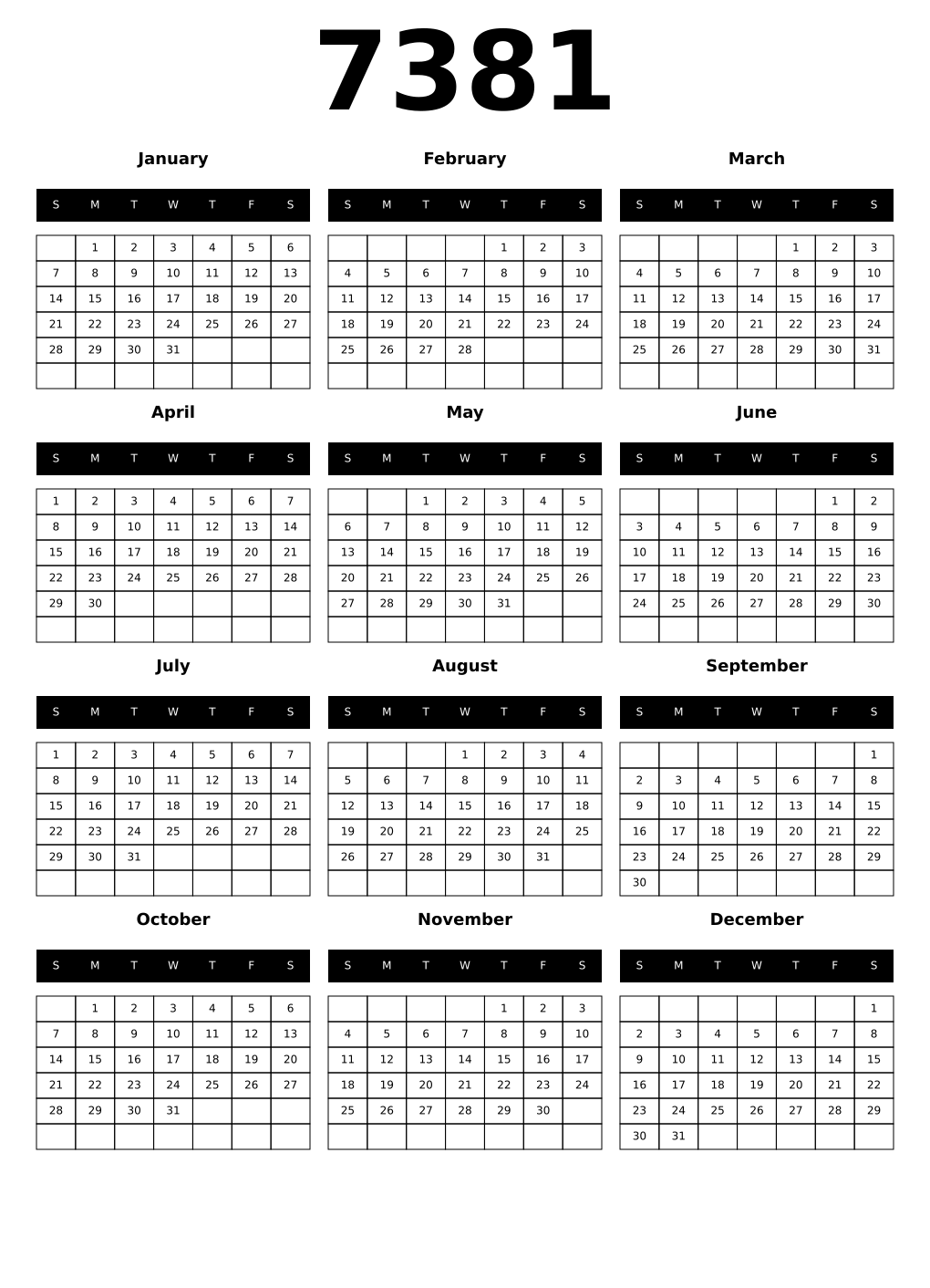 Printable 7381 Calendars
