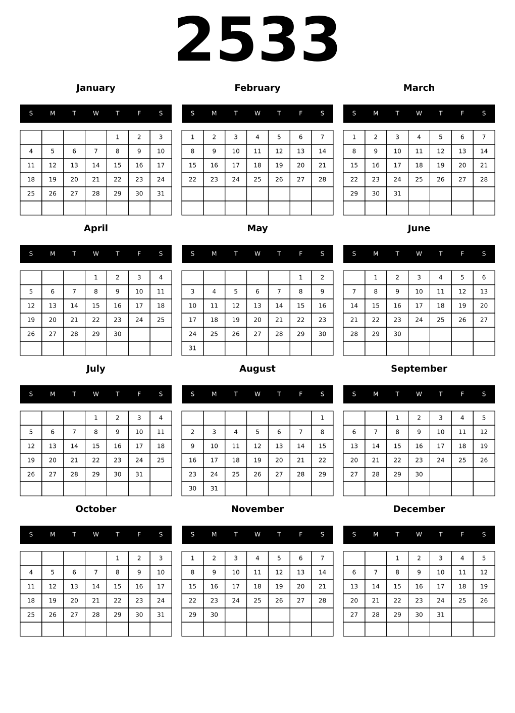 Printable January 2533 Calendars