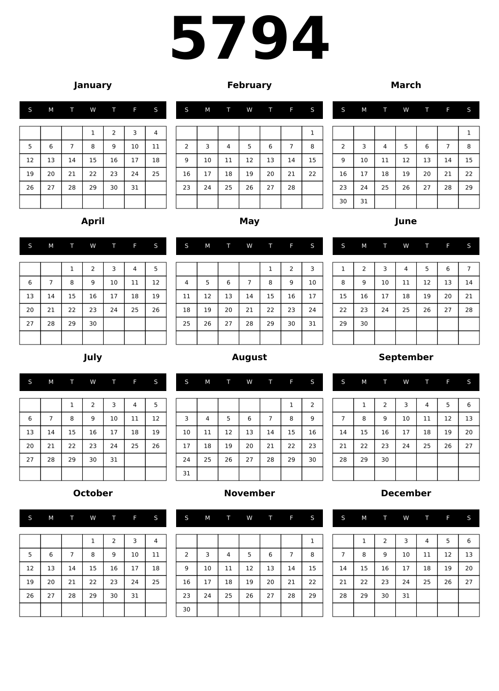 Printable 5794 Calendars