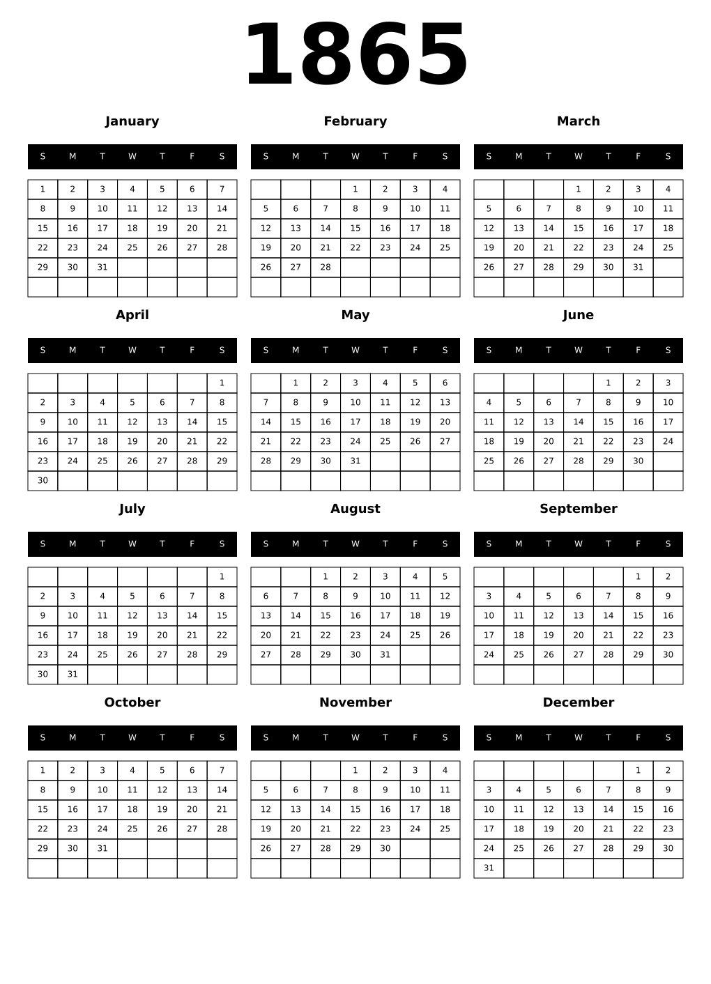 Printable July 1865 Calendars