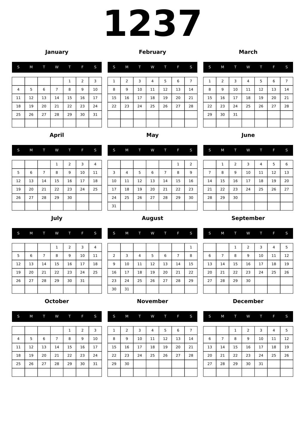 Printable 1237 Calendars