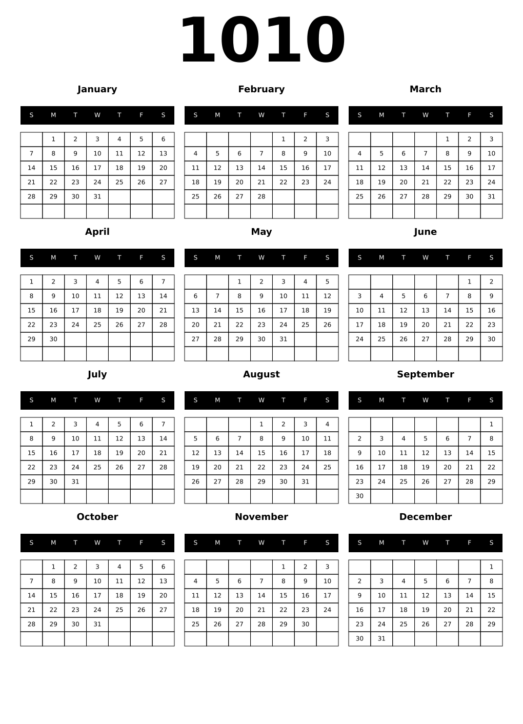 Printable October 1010 Calendars