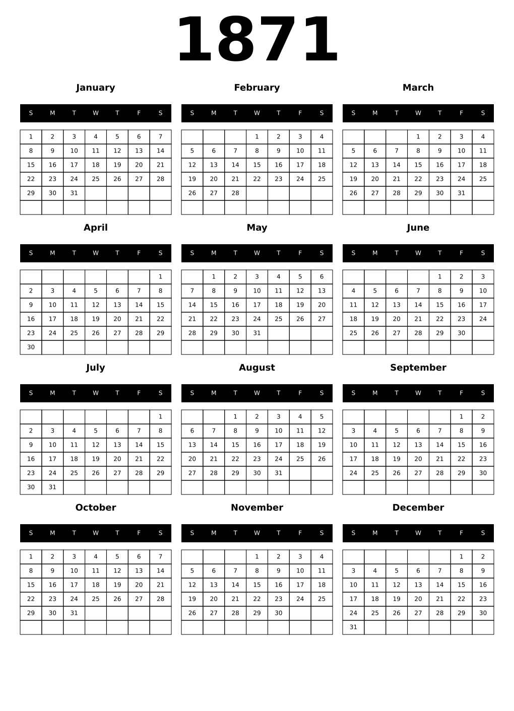 Printable October 1871 Calendars