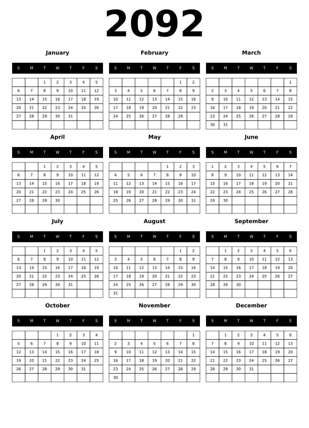 Printable October 2092 Calendars