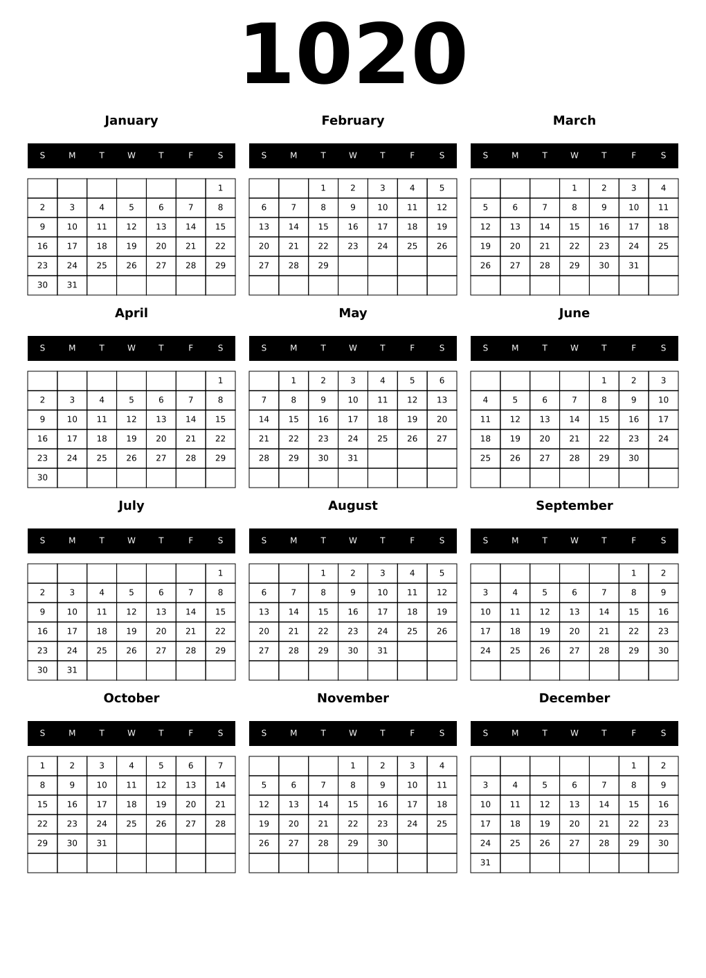 Printable 1020 Calendars