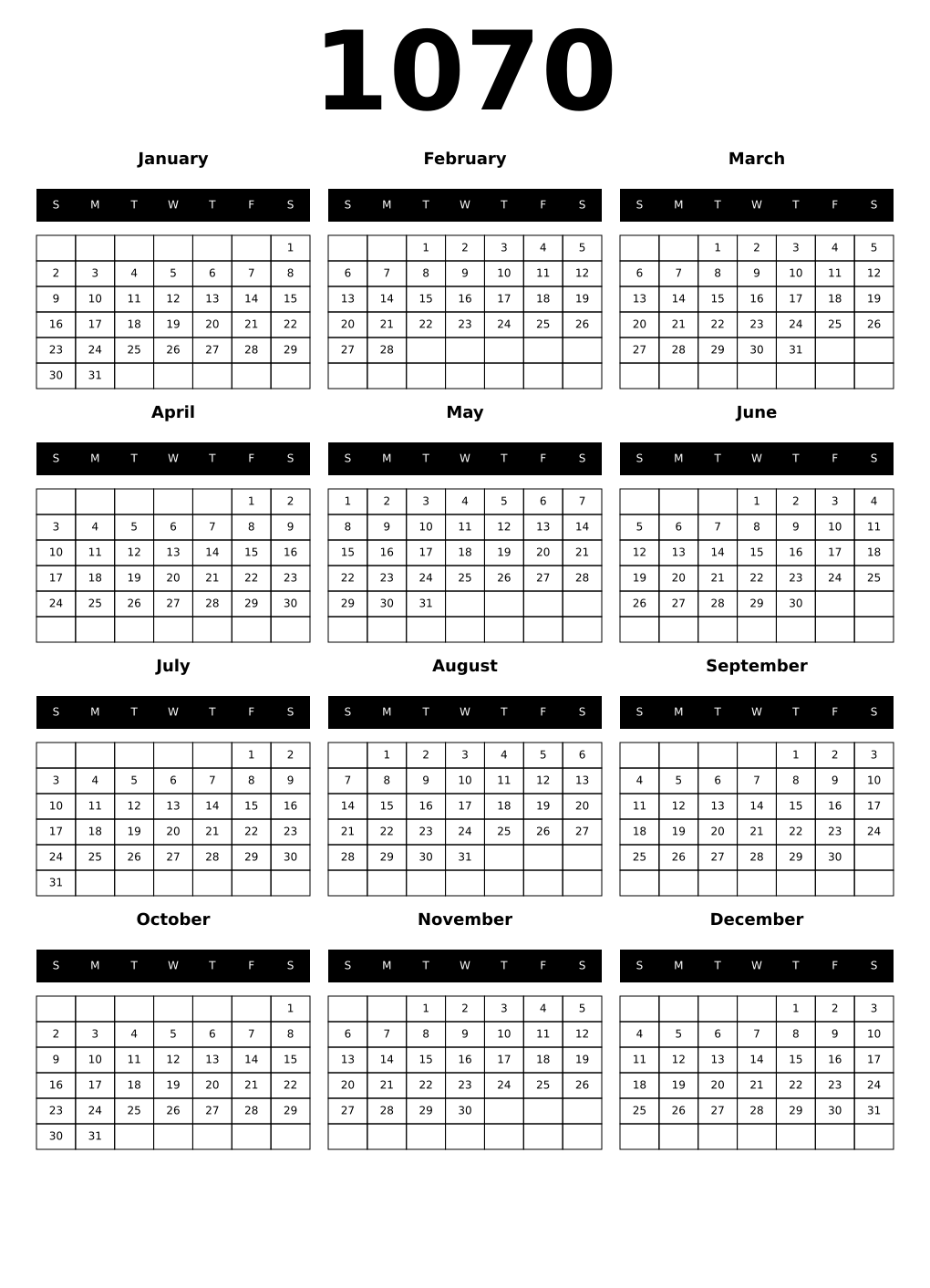 Printable 1070 Calendars