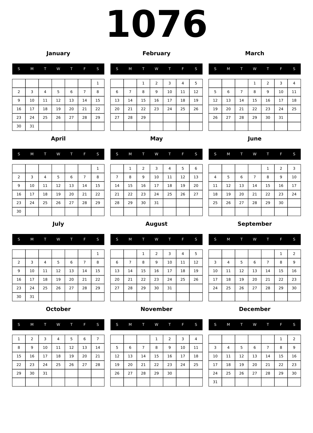 Printable 1076 Calendars