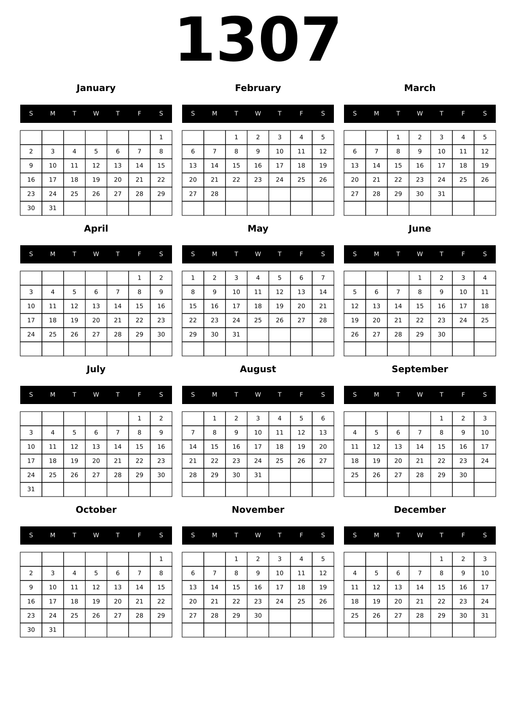 Printable 1307 Calendars