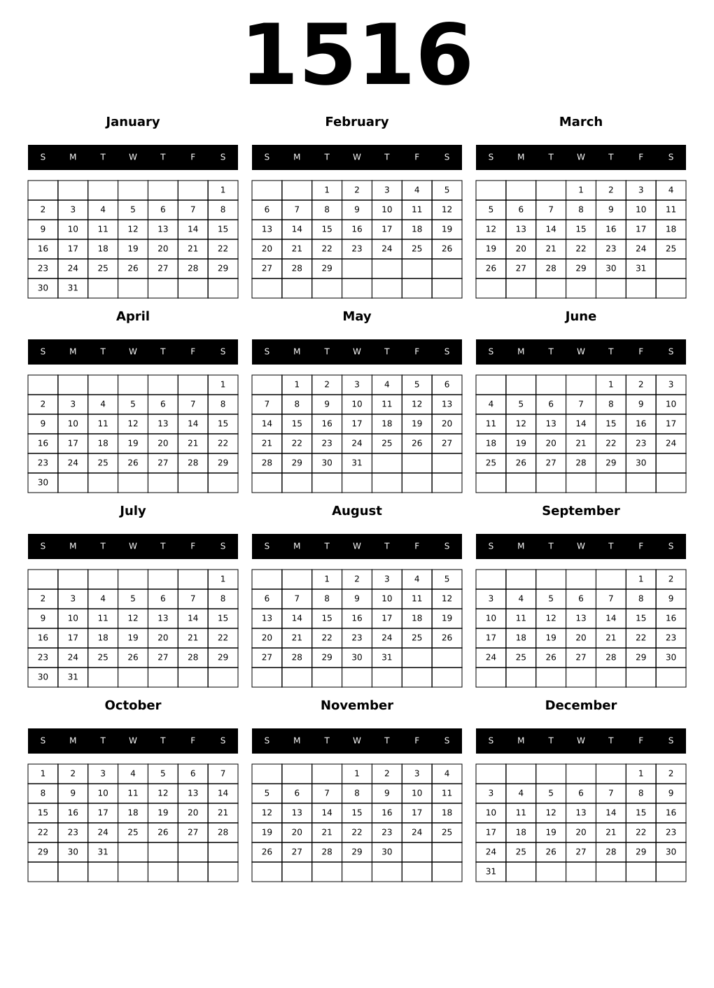 Printable 1516 Calendars