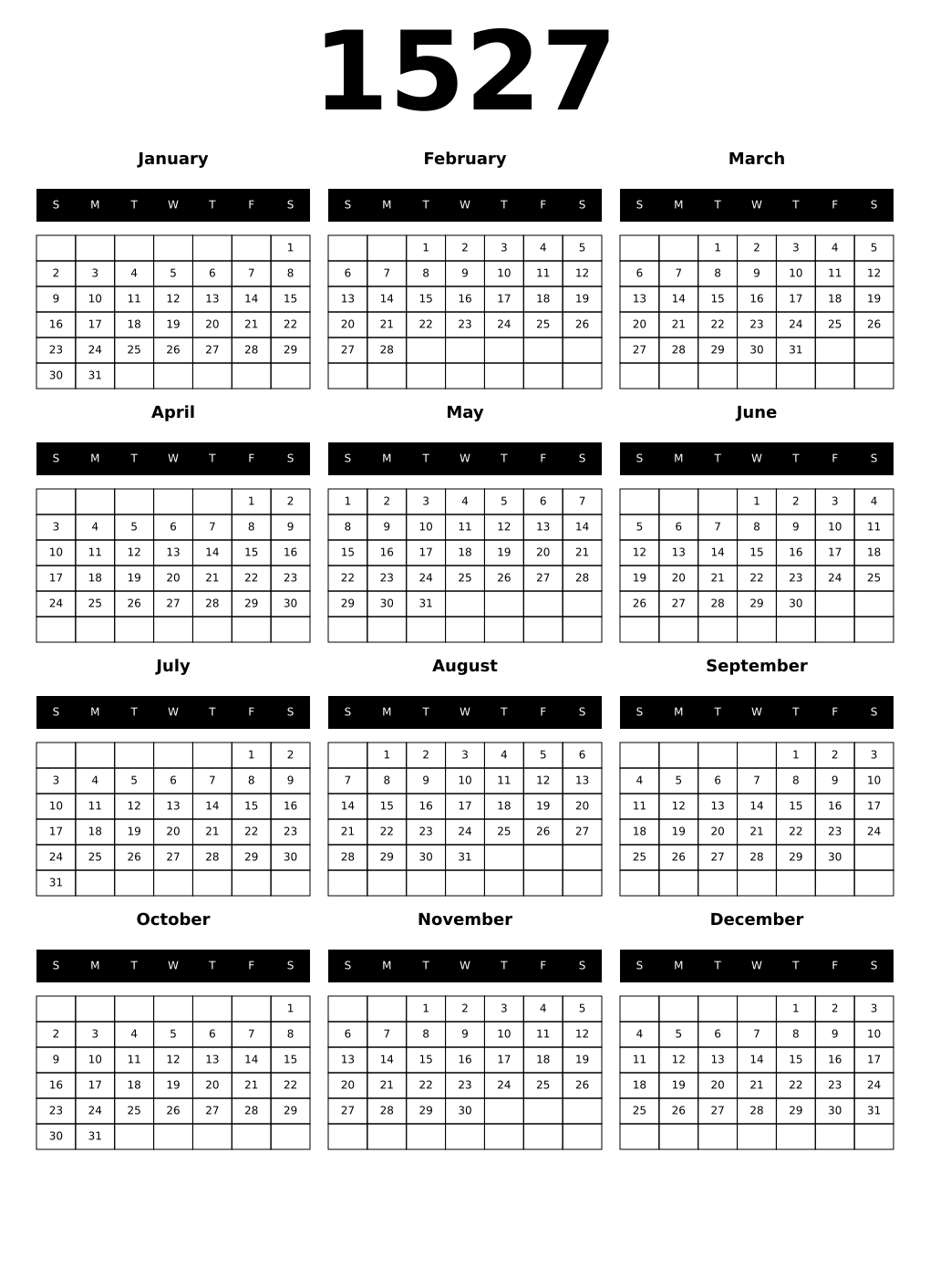Printable 1527 Calendars