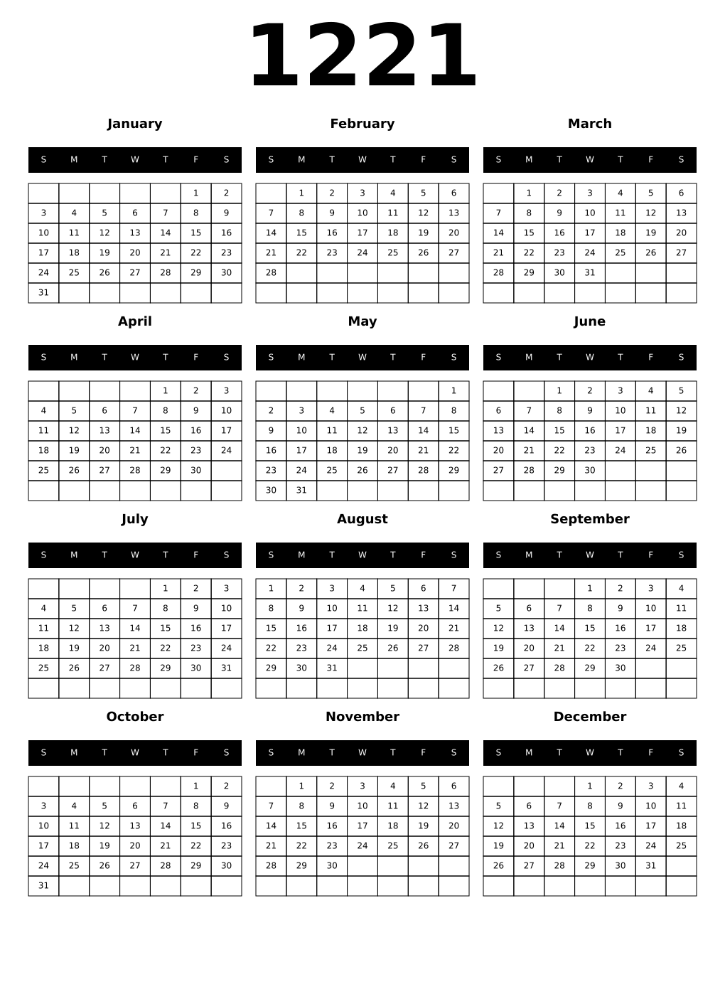 Printable 1221 Calendars