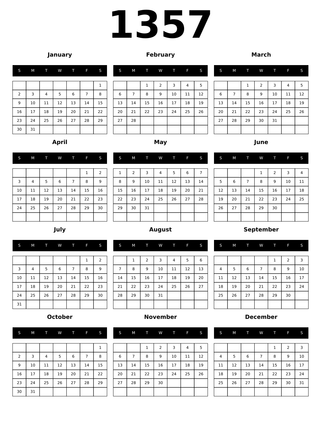 Printable 1357 Calendars