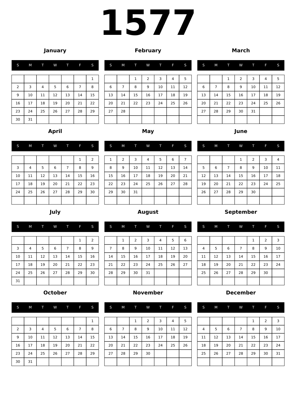 Printable 1577 Calendars