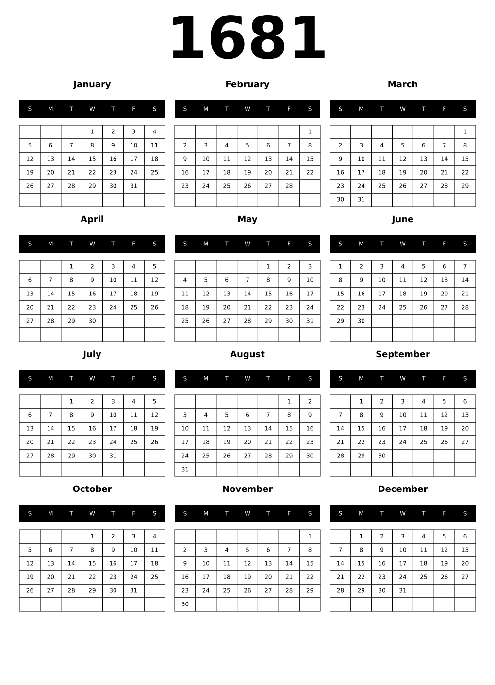 Printable 1681 Calendars