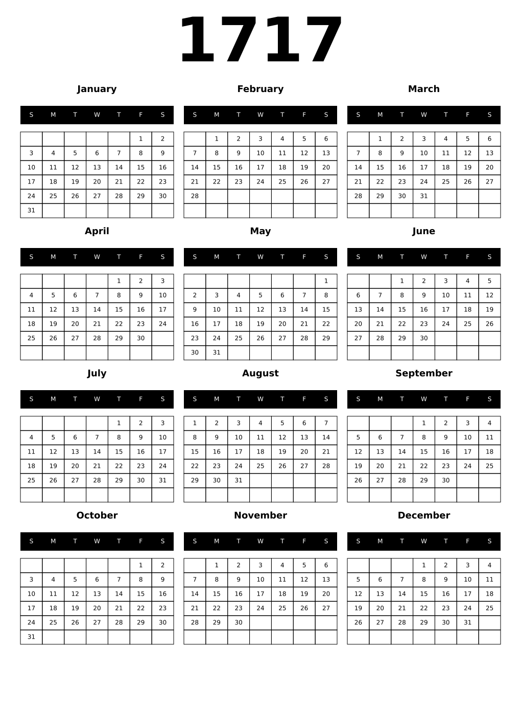 Printable 1717 Calendars