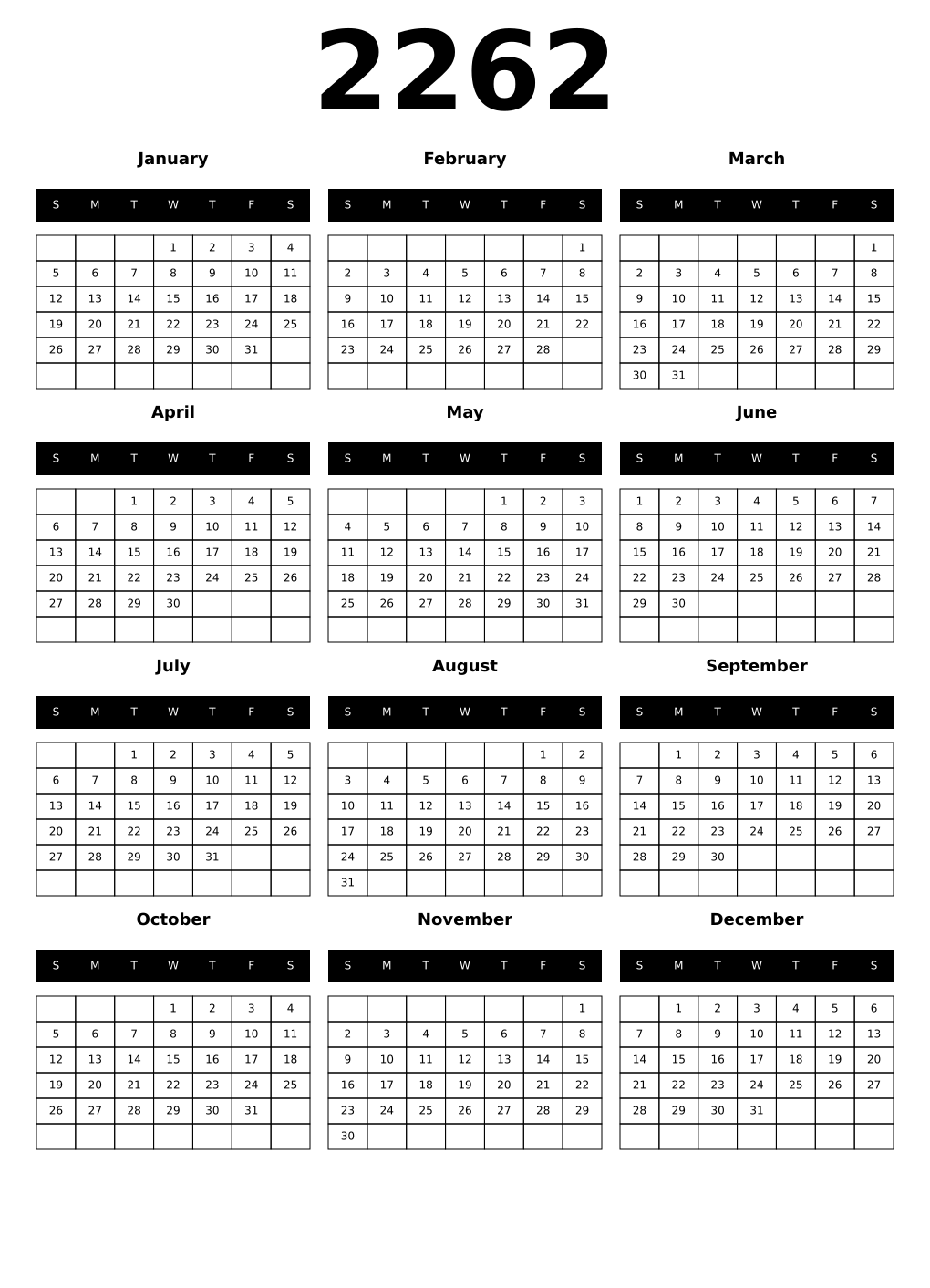 Printable 2262 Calendars